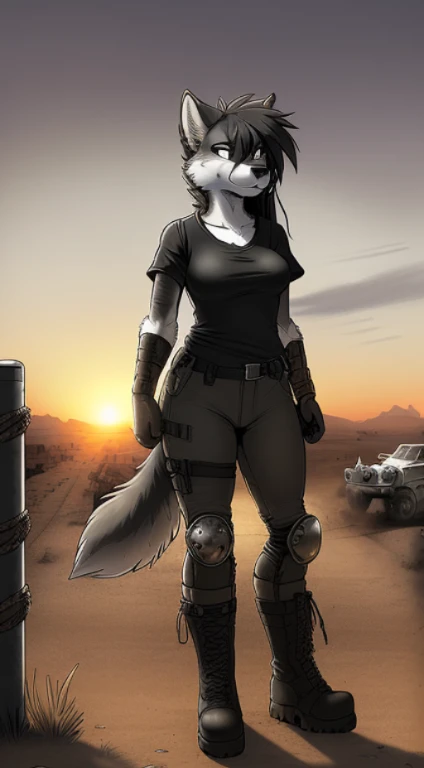 by Rick Griffin, Rick Griffin, (((anthro wolf, woman, antrum, extremely detailed, extremely detailed legs, extremely detailed arms, extremely detailed face, perfectly detailed eyes, perfectly detailed anatomy))): 1.2, solo, ((1woman)), perspective, curved thighs, curvature, (tail), ((standing on post-apocalyptic road)), nervous, ((medium breasts)), ((long shaggy black hair)), ((toned)), ((fluffy fur)) ((black BDU shirt)), ((black BDU pants)), ((combat boots)), ((grey fur)), ((mad max leg brace)), Post-apocalyptic world, mad max vehicle