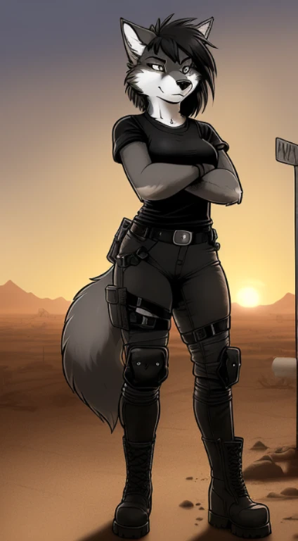 by Rick Griffin, Rick Griffin, (((anthro wolf, woman, antrum, extremely detailed, extremely detailed legs, extremely detailed arms, extremely detailed face, perfectly detailed eyes, perfectly detailed anatomy))): 1.2, solo, ((1woman)), perspective, curved thighs, curvature, (tail), ((standing on post-apocalyptic road)), nervous, ((medium breasts)), ((long shaggy black hair)), ((toned)), ((fluffy fur)) ((black BDU shirt)), ((black BDU pants)), ((combat boots)), ((grey fur)), ((mad max leg brace)), Post-apocalyptic world, mad max vehicle