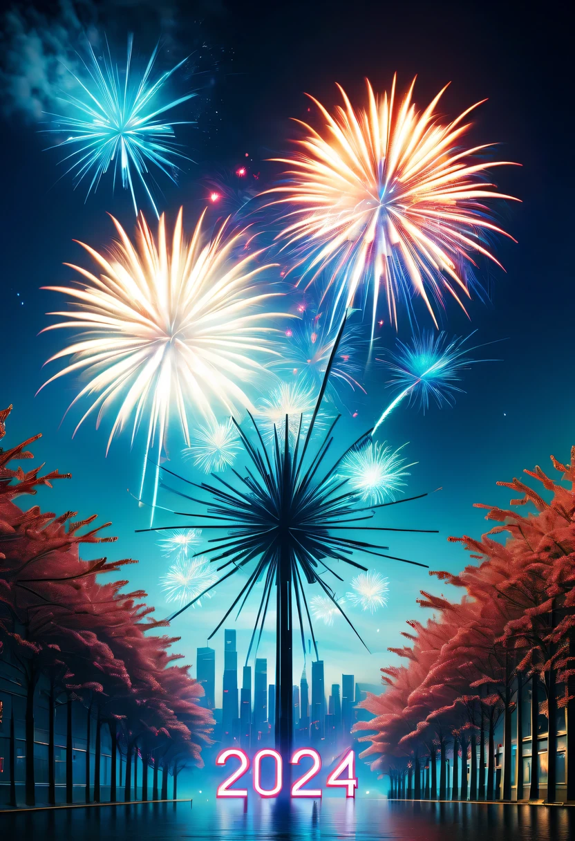 Dubrec style,Cybernetics appear in the sky.The prospect of fireworks on new year’s Eve 2024,Gorgeous fireworks,(Multiple exposure 1.8),(Digital signage,2024:1.5),technology city,artificial intelligence neuron,network matrix,new year'Eve Visual Poster,Intricate poster in surreal art style,Surreal Dream new year Poster,Surreal Sci-fi new year'dream poster