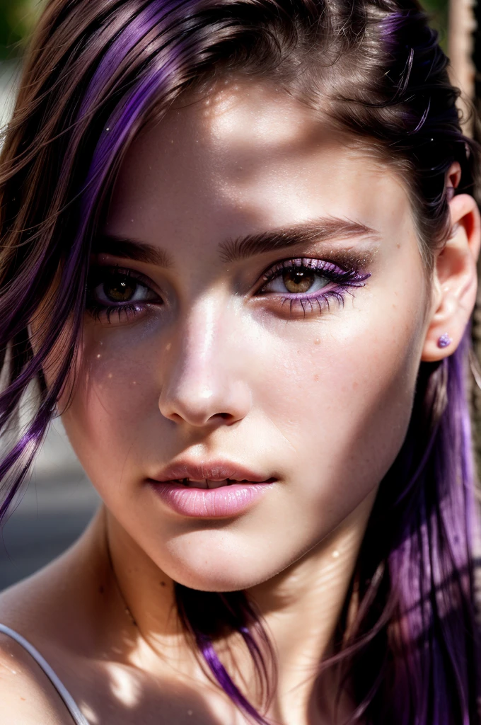 ((Best quality)), ((Ultra Resolution)), ((photorealistic)), (Intricate details), 19 years old, violet hair, Perfect face, makeup: 1.5, Light on the face, Detail of the face, naked, short hair, brunette