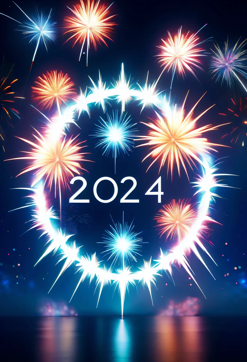 Dubrec style,Cybernetics appear in the sky.The prospect of fireworks on new year’s Eve 2024,Gorgeous fireworks,(Multiple exposure 1.8),(Digital signage,2024:1.5),technology city,artificial intelligence neuron,network matrix,new year'Eve Visual Poster,Intricate poster in surreal art style,Surreal Dream new year Poster,Surreal Sci-fi new year'dream poster