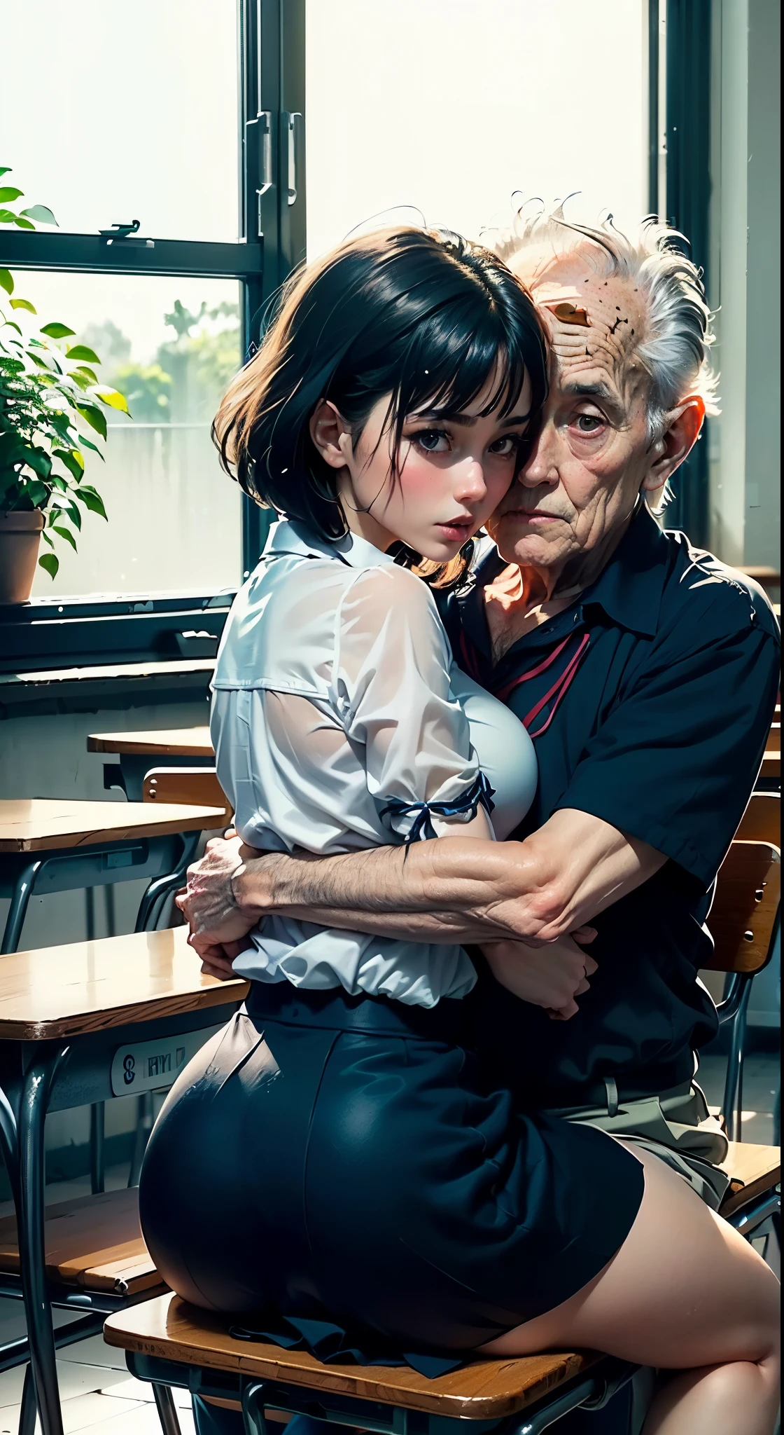 NSFW, (((masutepiece, Best Quality, photographrealistic))), (Shiny skin), (nffsw, 8K Wallpaper, High resolution), Perfect Anatomy, Delicate hands and fingers, Cinematic lighting, Physically-based rendering, Award-winning, highlydetailed skin, extra detailed face, Eyes with beautiful details, Carl Zeiss 85mm f/1.4, BREAK, (1girl and 1old man, a couple, sitting in the chair:1.5), Cute 16 year old schoolgirl, (Shiny blonde hair, High Ponytail, Blue eyes, Glasses), medium breasts with cleavage, White collared shirt, (Gingham Check Pleated Skirt Lift, White panties, Navy School Socks, lowfers),  (nose blush, Naughty, Almost closed eyes, looking up at camera:1.3), (Thigh gap), Face Focus, BREAK, Old man hugging a girl from behind, Wear a business suit and pants, (Old man hides a girl's camel toe:1.5), BREAK, at the library, Midnight, Moonlight, [Full body shot], Dutch Angle, Shot from above,