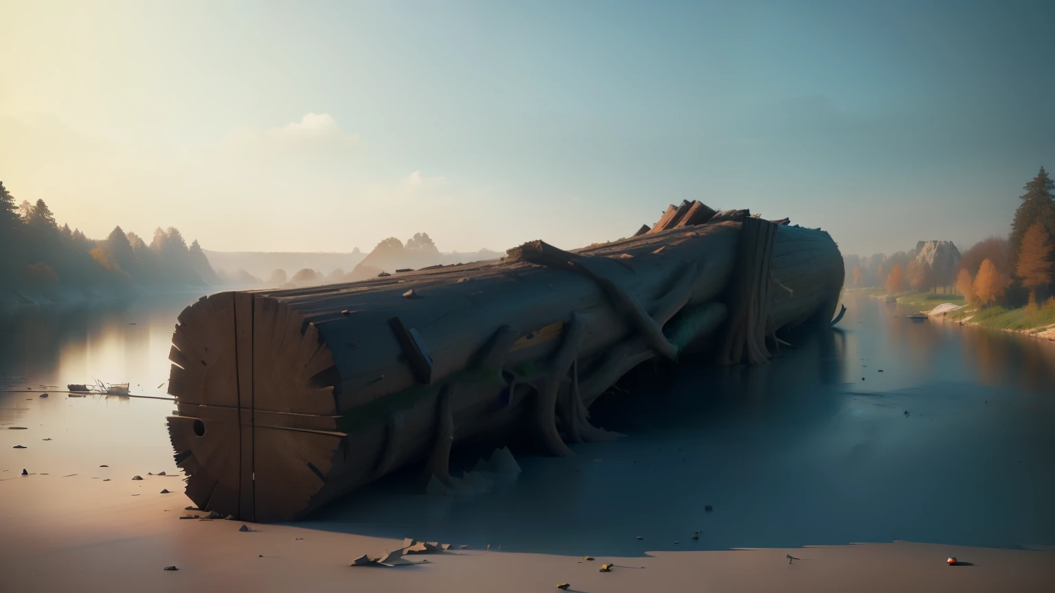 there is a large log on the river bank, inspired by Gediminas Prankevicius, in the art style of filip hodas, highly realistic concept art, Beautiful 3D concept art, highly detailed 4k digital art, 3 d render beeple, rolands zilvinskis 3d render art, background illustration