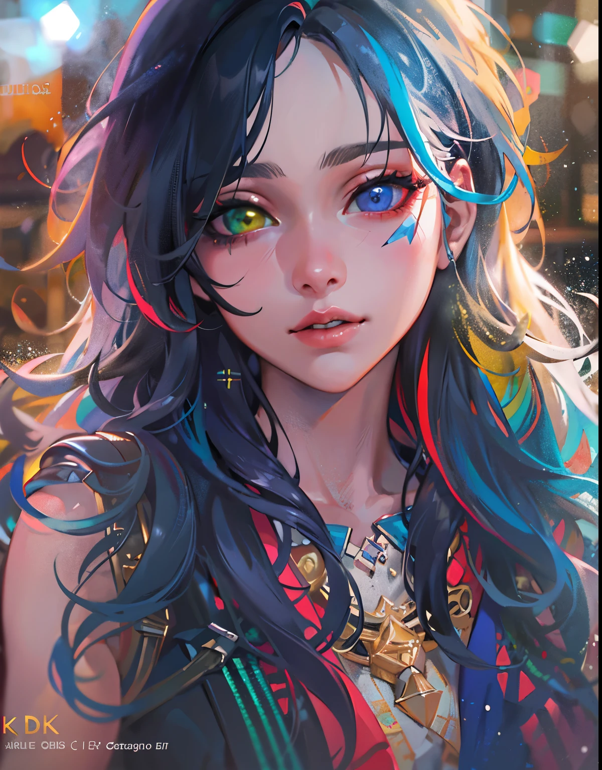 {{masterpiece}}, best quality, extremely detailed CG unity 8k wallpaper, cinematic lighting, lens flare, beautiful detail eyes, black,  side glance,  multicolor hair, colorful light, particles, heterochromia, (colorful:1.5), (colorful hair:1.5),