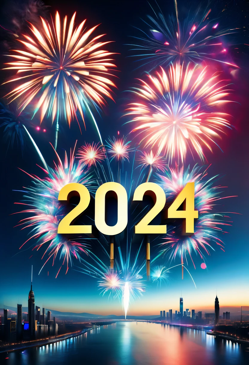 Dubrec style,Cybernetics appear in the sky.The prospect of fireworks on new year’s Eve 2024,Gorgeous fireworks,(Multiple exposure 1.8),(Digital signage,2024:1.5),technology city,artificial intelligence neuron,network matrix,new year'Eve Visual Poster,Intricate poster in surreal art style,Surreal Dream new year Poster,Surreal Sci-fi new year'dream poster