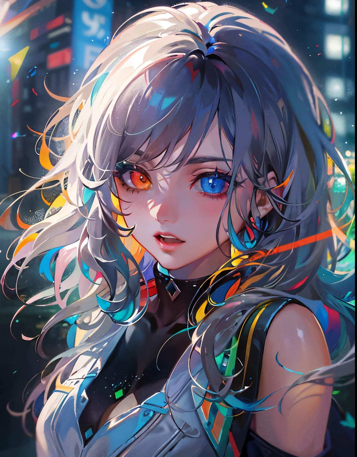 {{masterpiece}}, best quality, extremely detailed CG unity 8k wallpaper, cinematic lighting, lens flare, beautiful detail eyes, black,  side glance,  multicolor hair, colorful light, particles, heterochromia, (colorful:1.5), (colorful hair:1.5),