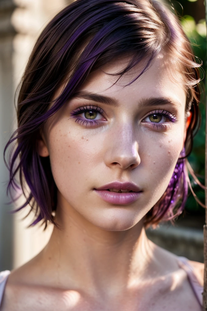 ((Best quality)), ((Ultra Resolution)), ((photorealistic)), (Intricate details), 19 years old, violet hair, Perfect face, makeup: 1.5, Light on the face, Detail of the face, naked, short hair, brunette