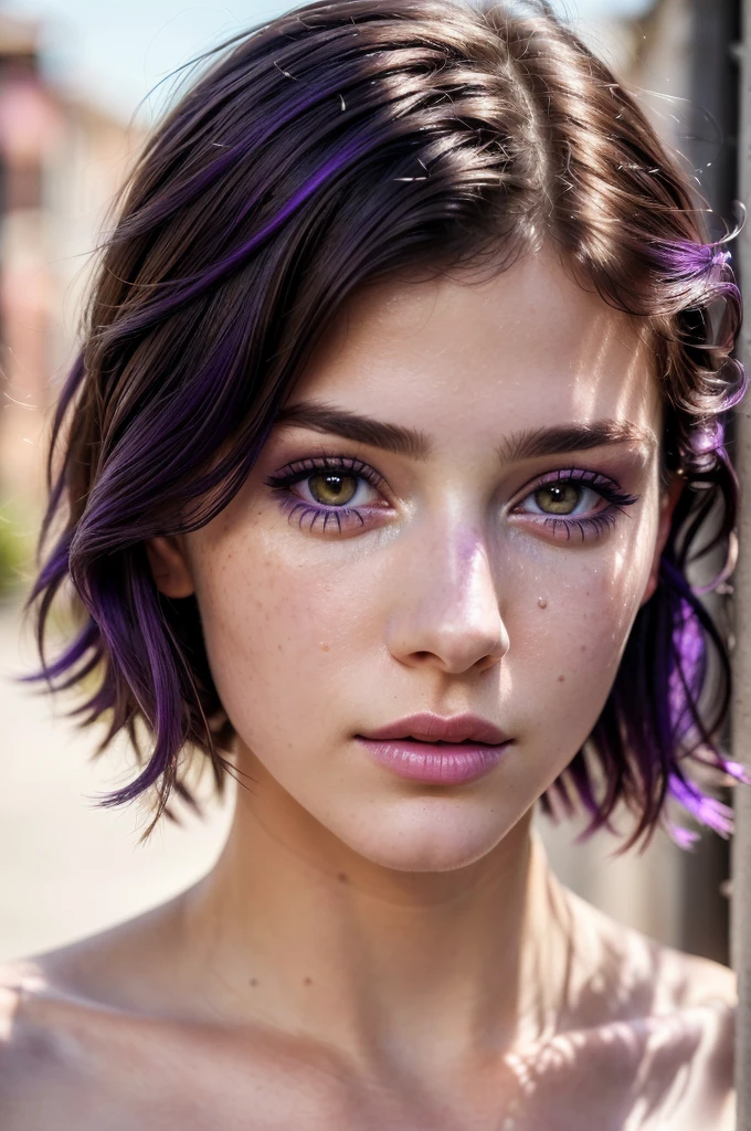 ((Best quality)), ((Ultra Resolution)), ((photorealistic)), (Intricate details), 19 years old, violet hair, Perfect face, makeup: 1.5, Light on the face, Detail of the face, , short hair, brunette