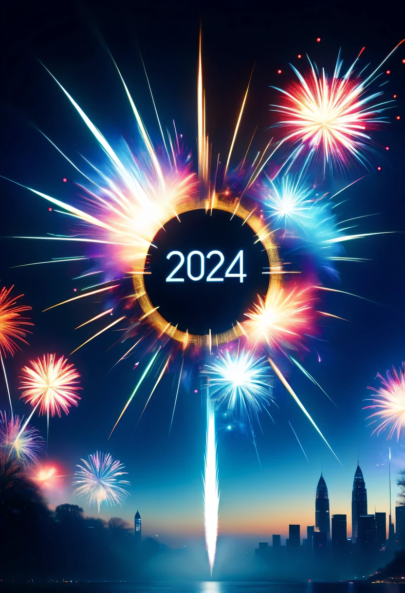 Dubrec style,Cybernetics appear in the sky.The prospect of fireworks on new year’s Eve 2024,Gorgeous fireworks,(Multiple exposure 1.8),(Digital signage,2024:1.5),technology city,artificial intelligence neuron,network matrix,new year'Eve Visual Poster,Intricate poster in surreal art style,Surreal Dream new year Poster,Surreal Sci-fi new year'dream poster