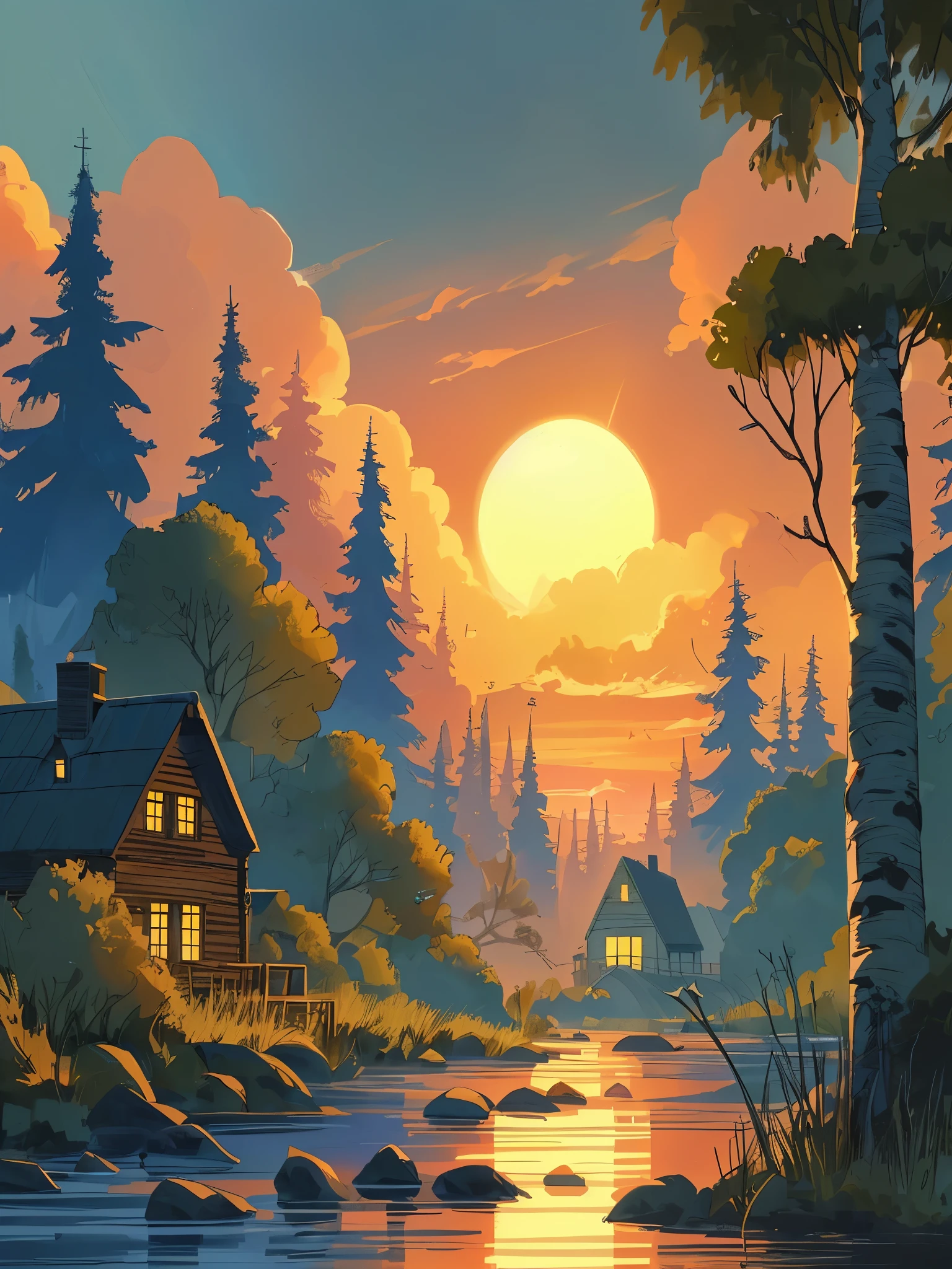 Draw cartoon art scene of Wisconsin, sunset, controlled dim light, beautiful sky, natural colors, masterpiece, peaceful scene, no one,