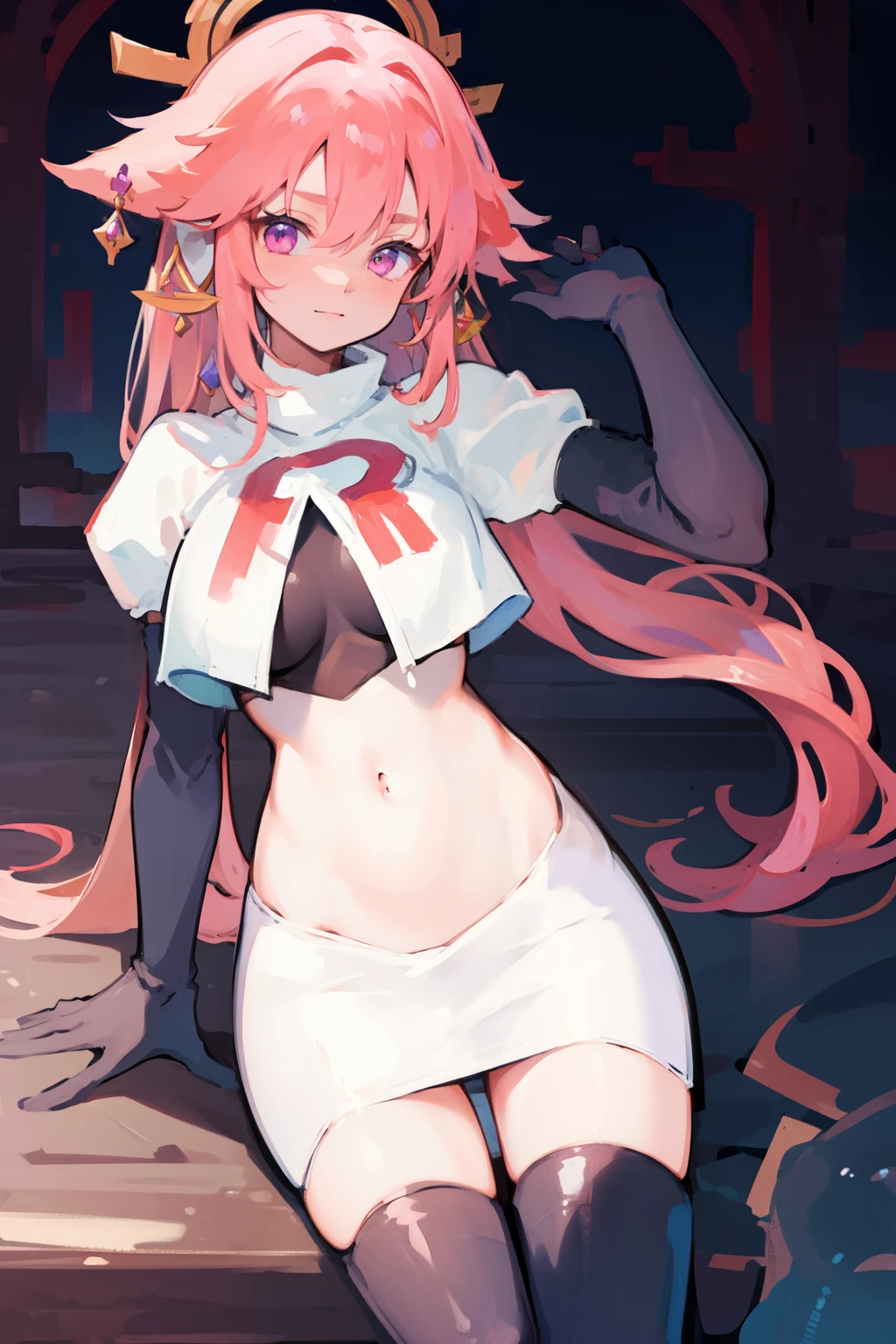((masterpiece, best quality)),8k ,Yae miko,1girl, \n/, animal ears, breasts, earrings, flower, fox ears, gem, hair between eyes, hair ornament, jewelry, long hair, medium breasts, miko, pink eyes, pink flower, pink hair, purple gemstone, sidelocks,team rocket,team rocket uniform,white skirt,crop top,black thigh-high boots,black elbow gloves,