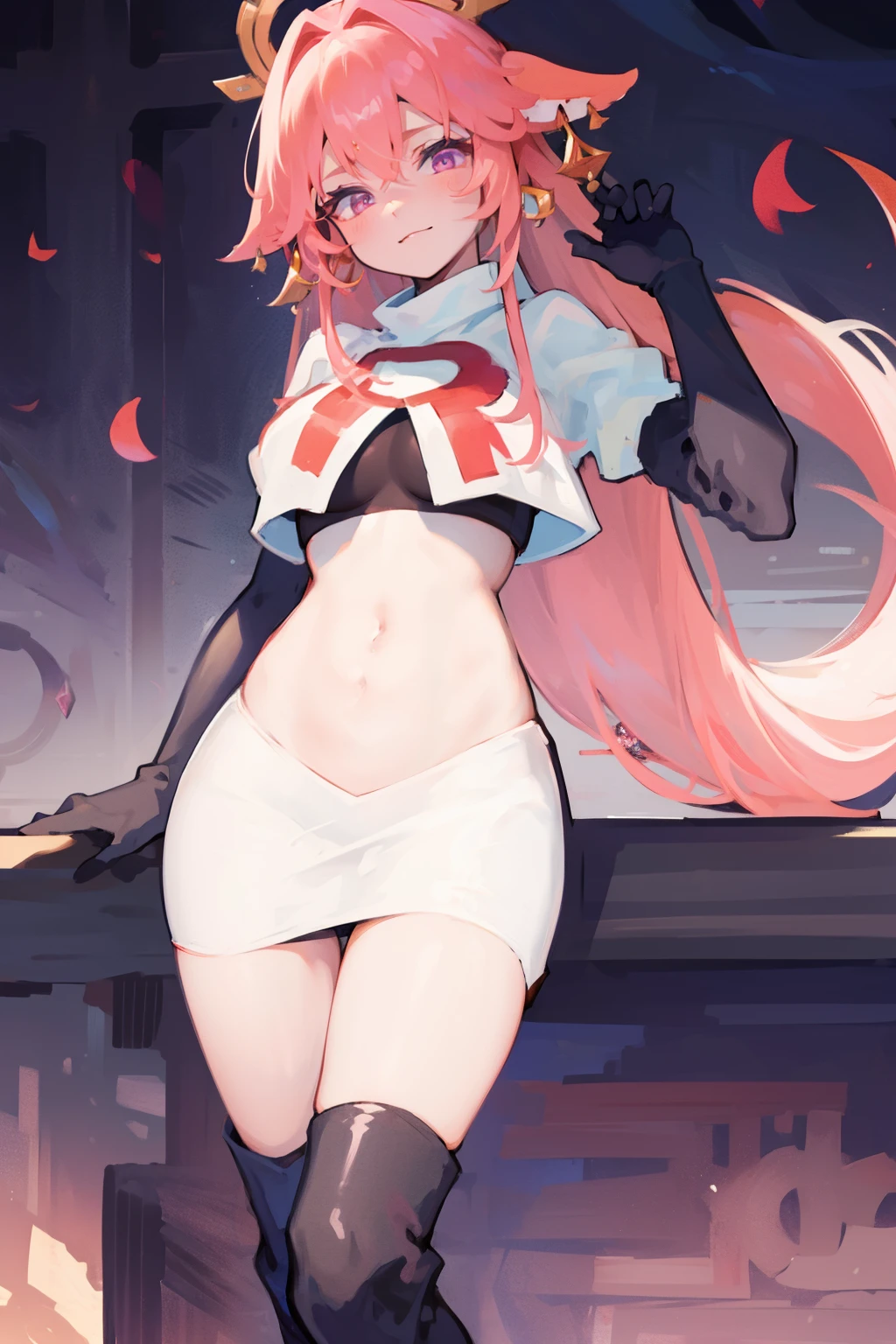 ((masterpiece, best quality)),8k ,Yae miko,1girl, \n/, animal ears, breasts, earrings, flower, fox ears, gem, hair between eyes, hair ornament, jewelry, long hair, medium breasts, miko, pink eyes, pink flower, pink hair, purple gemstone, sidelocks,team rocket,team rocket uniform,white skirt,crop top,black thigh-high boots,black elbow gloves,