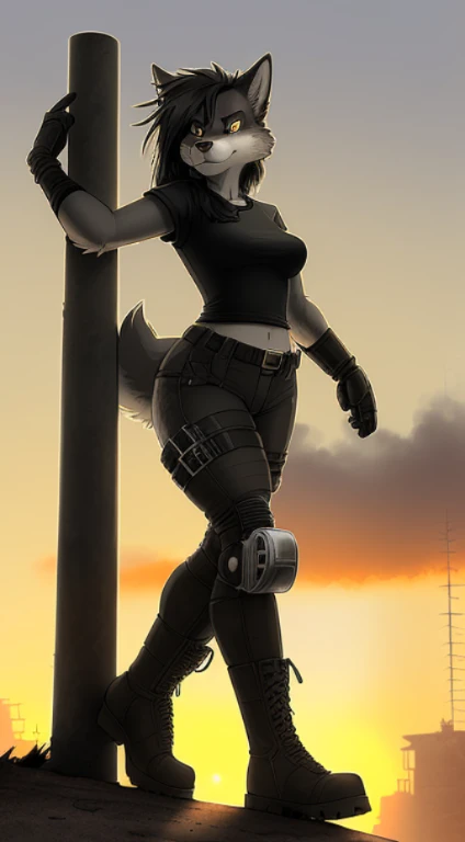 by Rick Griffin, Rick Griffin, (((anthro wolf, woman, antrum, extremely detailed, extremely detailed legs, extremely detailed arms, extremely detailed face, perfectly detailed eyes, perfectly detailed anatomy))): 1.2, solo, ((1woman)), perspective, curved thighs, curvature, (tail), ((standing on post-apocalyptic road)), nervous, ((medium breasts)), ((long shaggy black hair)), ((toned)), ((fluffy fur)) ((black BDU shirt)), ((black BDU pants)), ((combat boots)), ((grey fur)), ((mad max leg brace)), Post-apocalyptic world, mad max vehicle