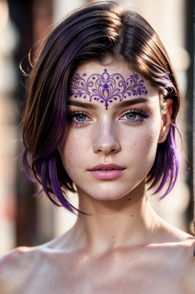 ((Best quality)), ((Ultra Resolution)), ((photorealistic)), (Intricate details), 19 years old, violet hair, Perfect face, makeup: 1.5, Light on the face, Detail of the face, naked, short hair, brunette