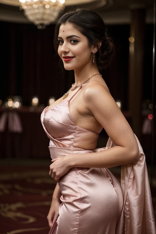 night scene from side view, extreme close up photo of young muscular man grabbing vedhika from behind who is wearing a pink (#ff3364)full length satin bridal nighty, big cheeks, woman is wearing pink satin nighty man is shirtless, hourglass figure, deep cleavage, romancing each other in a ship deck in sea, showing armpits, red lips, necklace, sultry, look at viewer and smile, (cinematic:1.3), intricate details, (ArtStation:1.2)