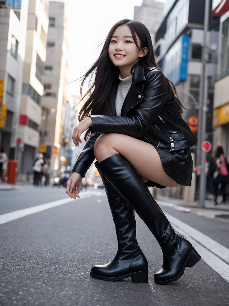 photo Realistic, masutepiece, Realistic, High contrast, Best Quality, 超A high resolution, photo Realistic, High resolution, Raw photo, Japanese Junior High School Girl, Long hair, Black leather jacket, Long sleeves, Black super mini skirt, Pleated skirt, (((Black knee high boots))), Street, Sitting on the road, Looking at Viewer, (((From below))), Busy city, (Pose Seductive), Looking at Viewer, japanaese girl, Smile,