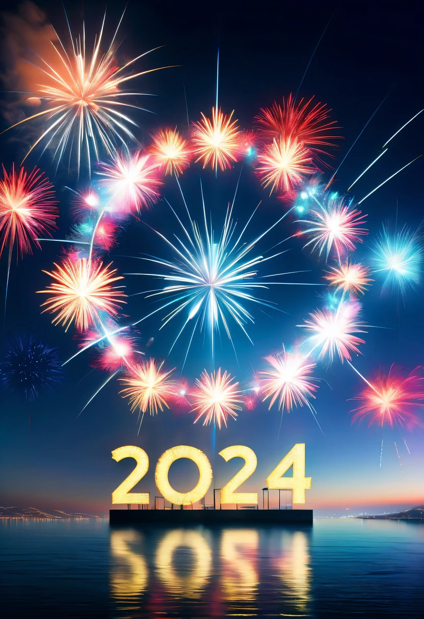 Dubrec style,Cybernetics appear in the sky.The prospect of fireworks on new year’s Eve 2024,Gorgeous fireworks,(Multiple exposure 1.8),(Digital signage,2024:1.5),technology city,artificial intelligence neuron,network matrix,new year&#39;Eve Visual Poster,Intricate poster in surreal art style,Surreal Dream new year Poster,Surreal Sci-fi new year&#39;dream poster