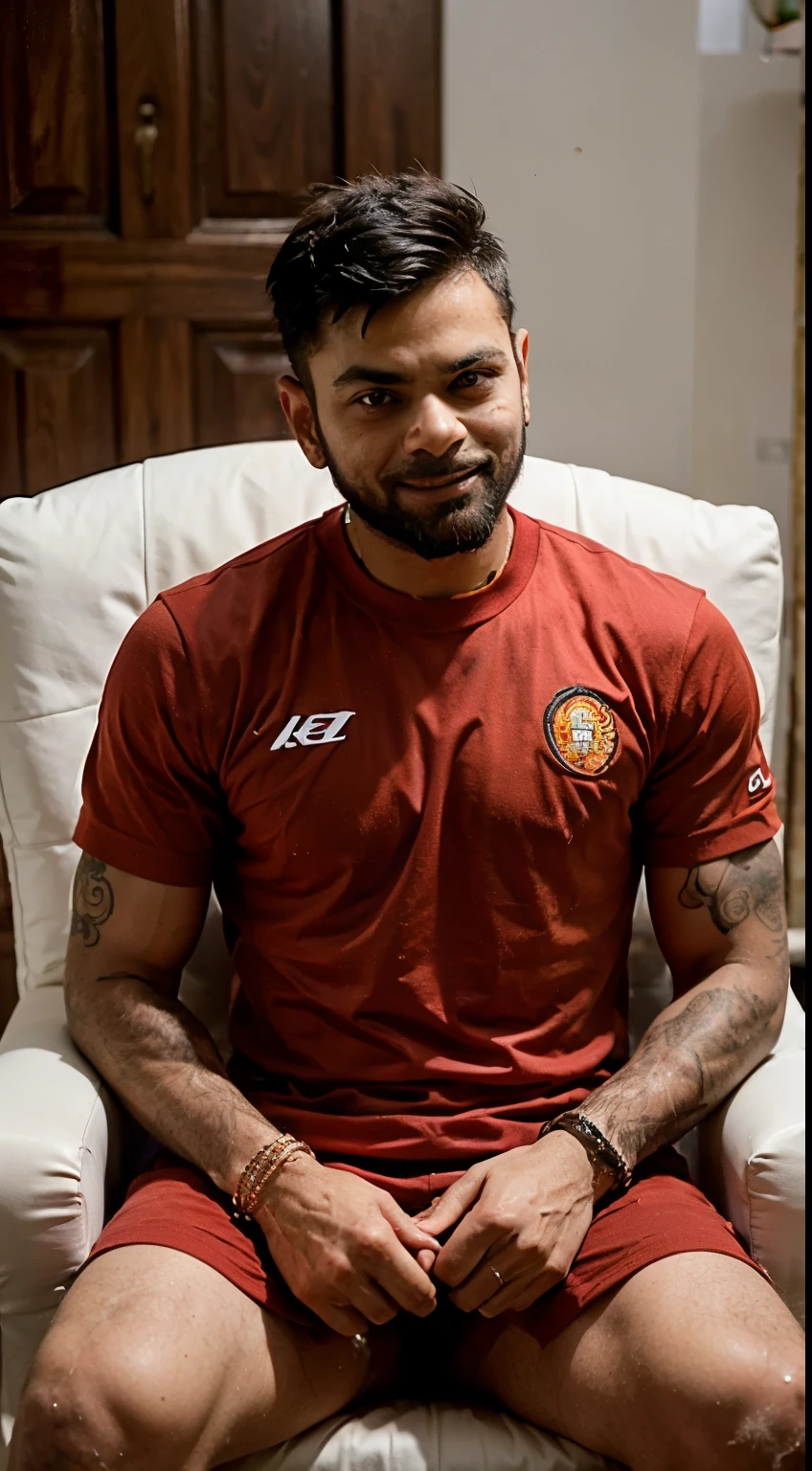 Create an AI generated virat kohli image which is Kohli is sitting on a kings chair and smilling sweets.