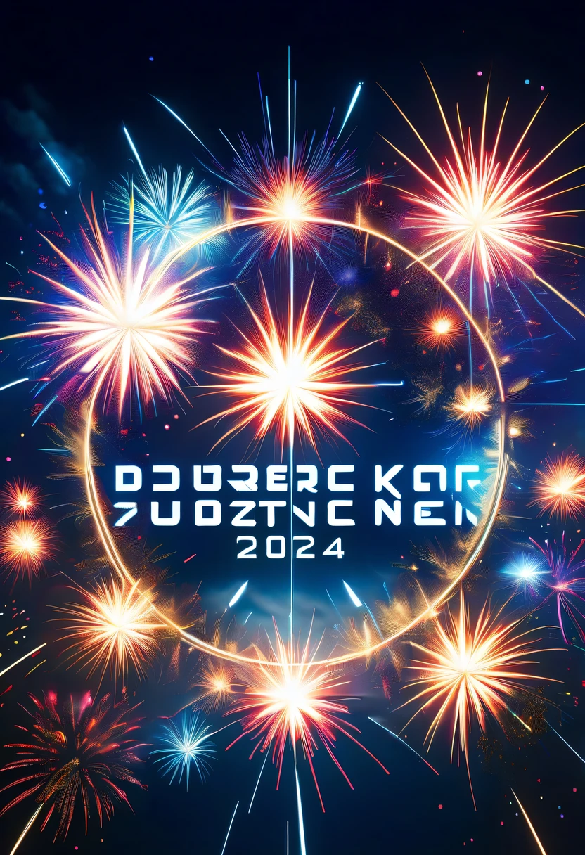 Dubrec style,Cybernetics appear in the sky.The prospect of fireworks on new year’s Eve 2024,Gorgeous fireworks,(Multiple exposure 1.8),(Digital signage,2024:1.5),technology city,artificial intelligence neuron,network matrix,new year&#39;Eve Visual Poster,Intricate poster in surreal art style,Surreal Dream new year Poster,Surreal Sci-fi new year&#39;dream poster