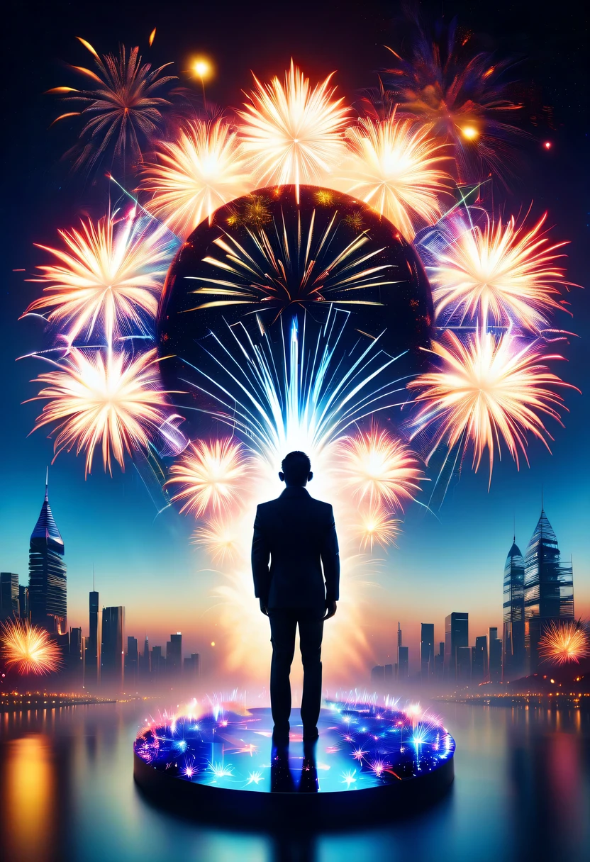Dubrec style,Cybernetics appear in the sky.The prospect of fireworks on new year’s Eve 2024,Gorgeous fireworks,(Multiple exposure 1.8),(Digital signage,2024:1.5),technology city,artificial intelligence neuron,network matrix,new year'Eve Visual Poster,Intricate poster in surreal art style,Surreal Dream new year Poster,Surreal Sci-fi new year'dream poster