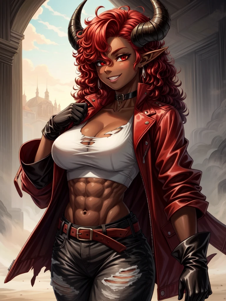Masterpiece, best quality, high-res, extremely detailed, 1 girl, (dark brown skin tone:1.2), black eyes, smiling, red hair, horns, short leather jacket, sleeves, curly red hair, red eyes, detailed red eyes, abs, gloves, pants, torn pants, choker, belt, pointed ears, solo, crop top