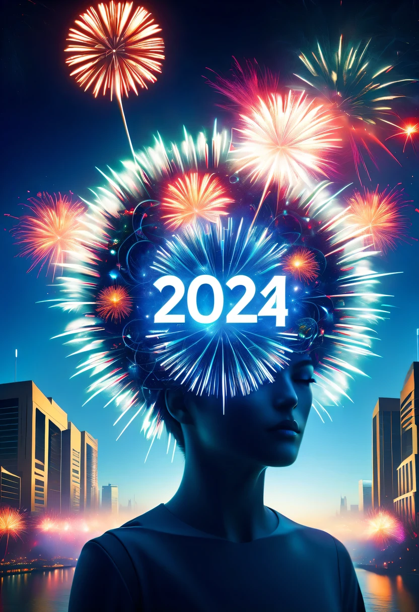Dubrec style,Cybernetics appear in the sky.The prospect of fireworks on new year’s Eve 2024,Gorgeous fireworks,(Multiple exposure 1.8),(Digital signage,2024:1.5),technology city,artificial intelligence neuron,network matrix,new year'Eve Visual Poster,Intricate poster in surreal art style,Surreal Dream new year Poster,Surreal Sci-fi new year'dream poster