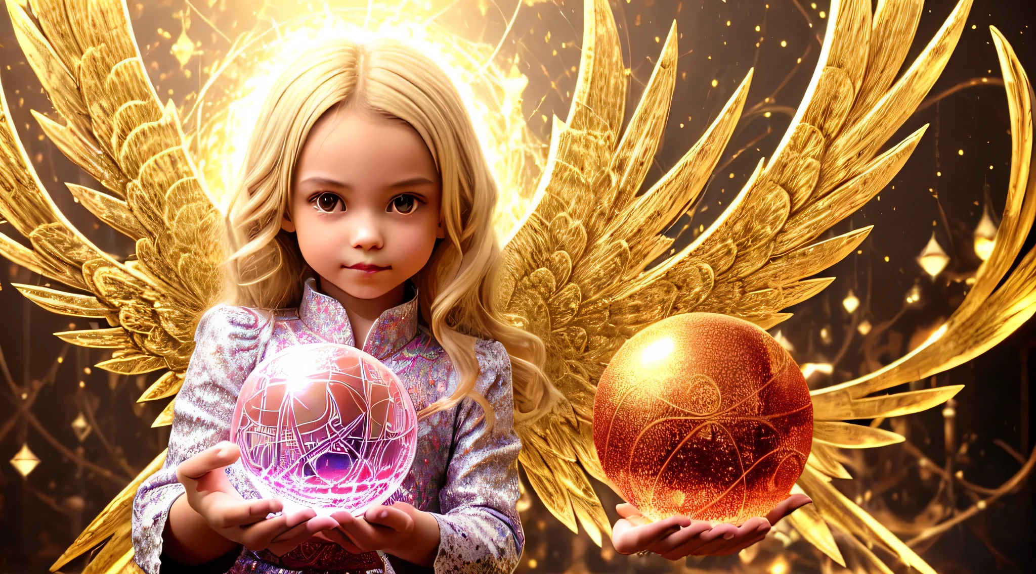 BLONDE CHILDREN GOLDEN ANGEL GIRL with a burning crystal ball in her hand. fundo vermelho