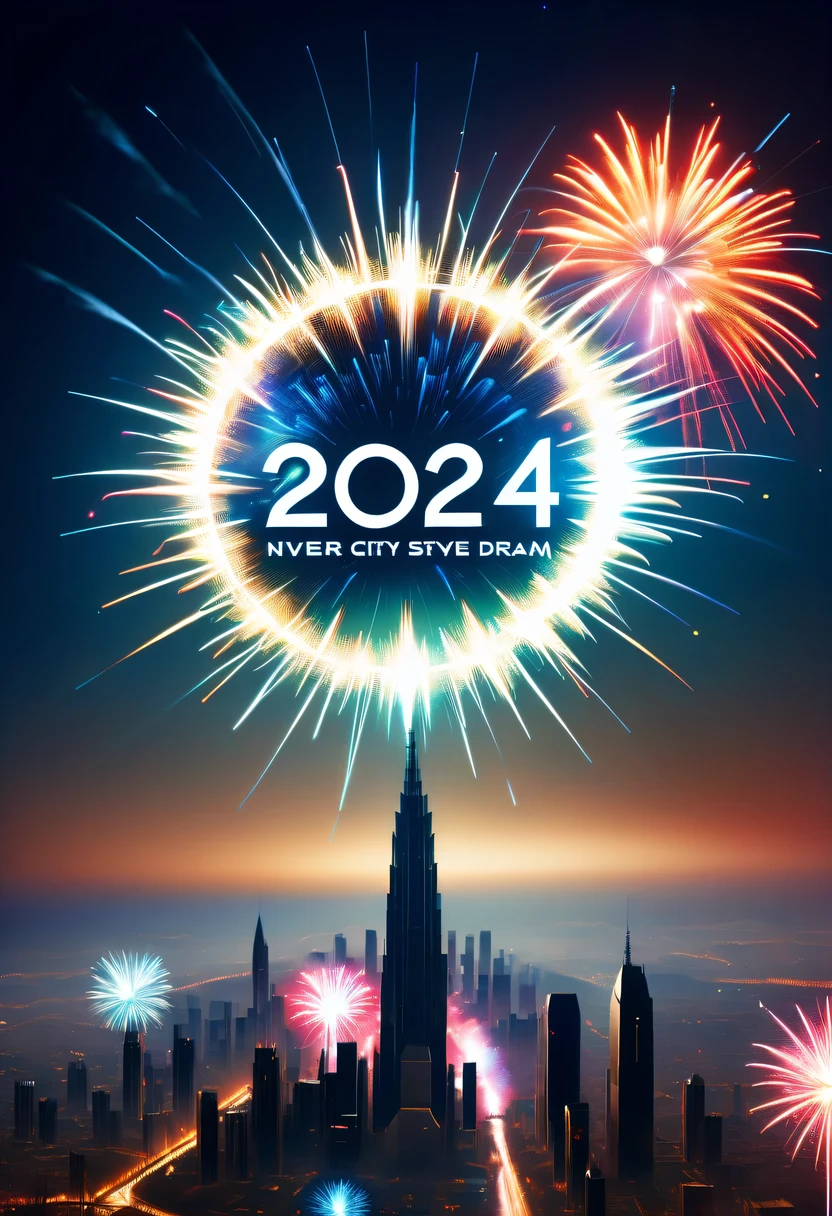 Dubrec style,Cybernetics appear in the sky.The prospect of fireworks on new year’s Eve 2024,Gorgeous fireworks,(Multiple exposure 1.8),(Digital signage,2024:1.5),technology city,artificial intelligence neuron,network matrix,new year'Eve Visual Poster,Intricate poster in surreal art style,Surreal Dream new year Poster,Surreal Sci-fi new year'dream poster