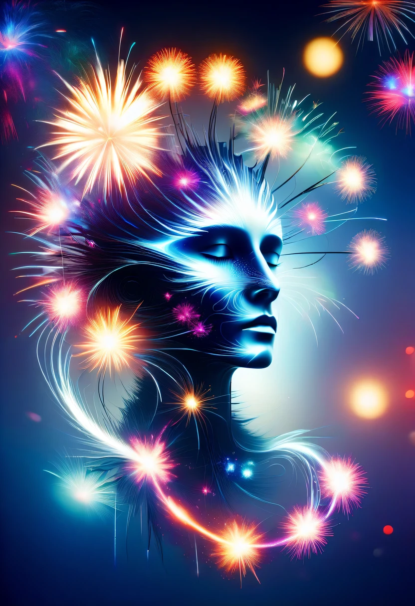 Dubrec style,Cybernetics appear in the sky.The prospect of fireworks on new year’s Eve 2024,Gorgeous fireworks,(Multiple exposure 1.8),(Digital signage,2024:1.5),technology city,artificial intelligence neuron,network matrix,new year'Eve Visual Poster,Intricate poster in surreal art style,Surreal Dream new year Poster,Surreal Sci-fi new year'dream poster