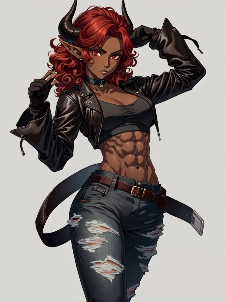 Masterpiece, best quality, high-res, extremely detailed, 1 girl, (dark brown skin tone:1.2), red hair, upper body, 1girl, horns, short leather jacket, sleeves, curly red hair, red eyes, detailed red eyes, abs, gloves, black outfit, pants, torn pants, choker, belt, pointed ears, solo, crop top