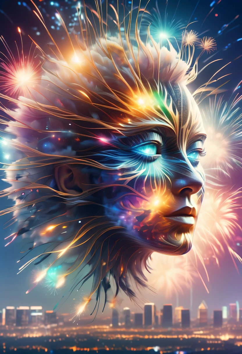 Dubrec style,Cybernetics appear in the sky.The prospect of fireworks on new year’s Eve 2024,Gorgeous fireworks,(Multiple exposure 1.8),(Digital signage,2024:1.5),technology city,artificial intelligence neuron,network matrix,new year&#39;Eve Visual Poster,Intricate poster in surreal art style,Surreal Dream new year Poster,Surreal Sci-fi new year&#39;dream poster
