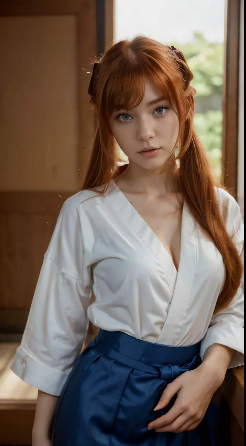 (best quality), high resolution,Asuka Langley Soryu, Beautiful Pretty Mixed German Babe, (Beautiful face), sexy lips, Auburn Twin Tails Ginger Hairs, intense gaze, dark blue detailed beautiful eyes, combine realism and anime influence, (dynamic pose), traditional japanese kimono, white v neck shirt, editorial photoshoot, standing in tatami