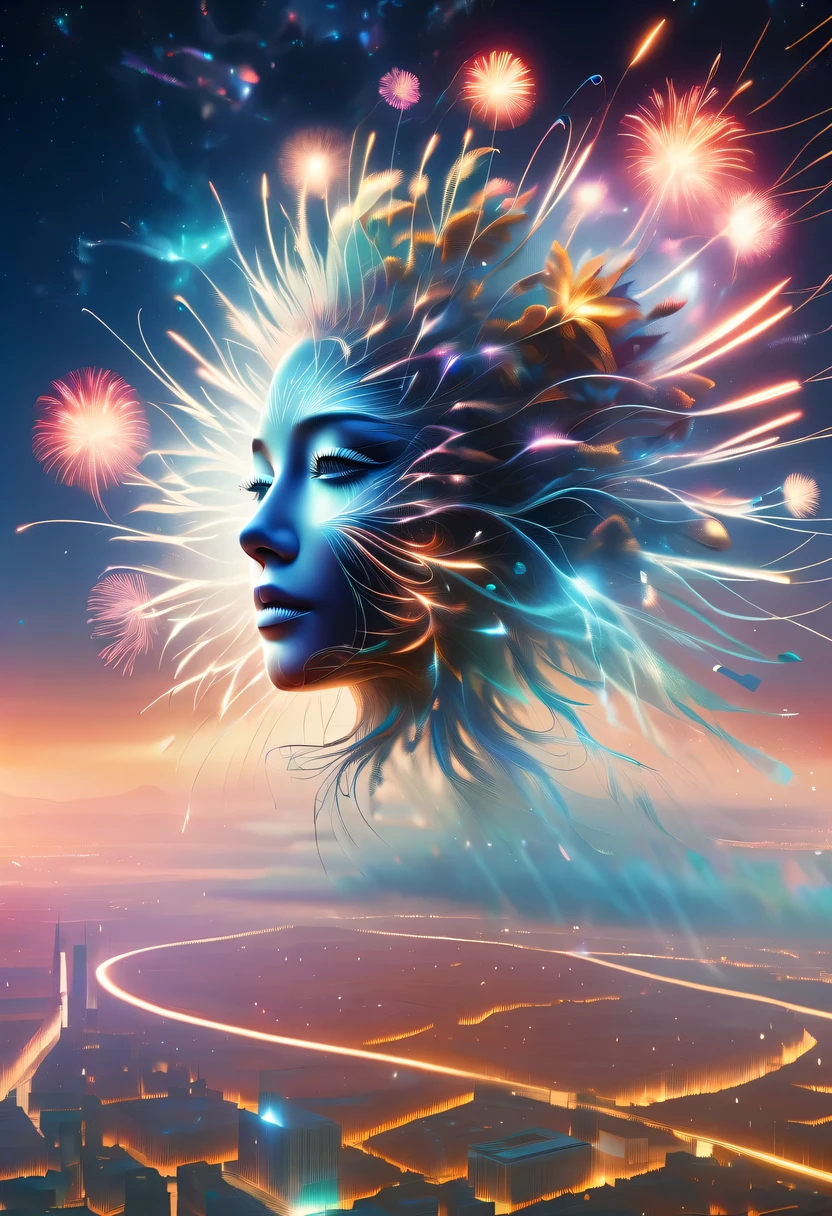 Dubrec style,Cybernetics appear in the sky.The prospect of fireworks on new year’s Eve 2024,Gorgeous fireworks,(Multiple exposure 1.8),(Digital signage,2024:1.5),technology city,artificial intelligence neuron,network matrix,new year&#39;Eve Visual Poster,Intricate poster in surreal art style,Surreal Dream new year Poster,Surreal Sci-fi new year&#39;dream poster