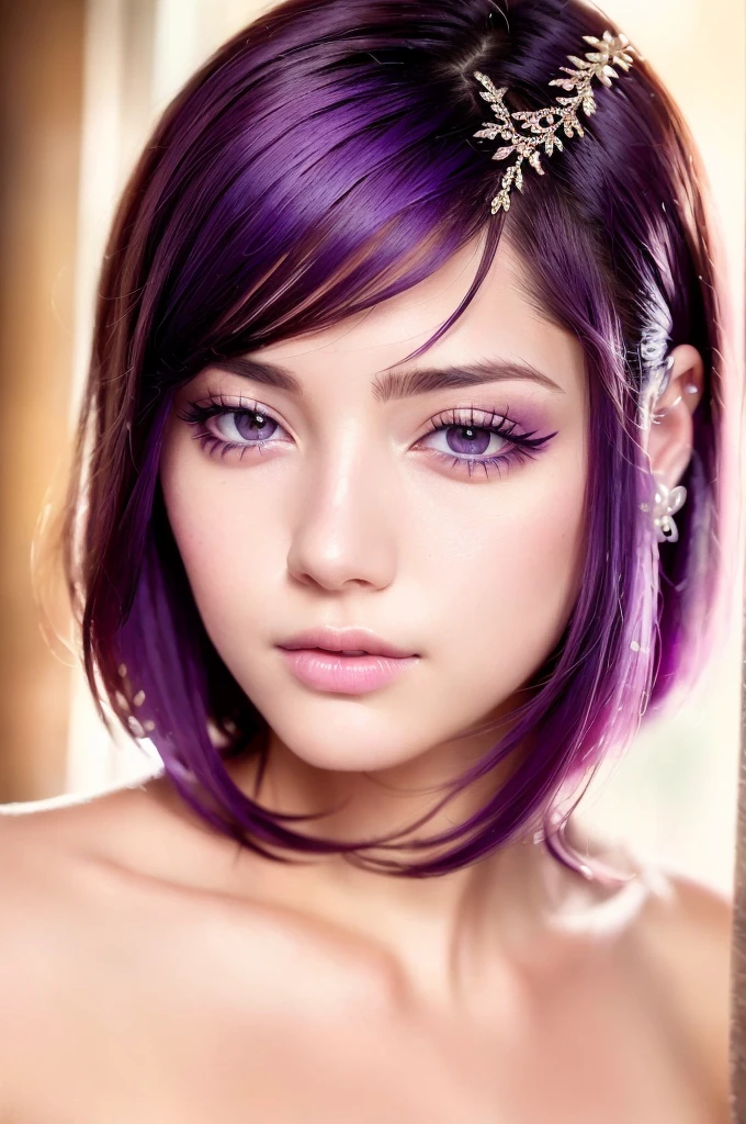 ((Best quality)), ((Ultra Resolution)), ((photorealistic)), (Intricate details), 19 years old, violet hair, Perfect face, makeup: 1.5, Light on the face, Detail of the face, naked, short hair, brunette