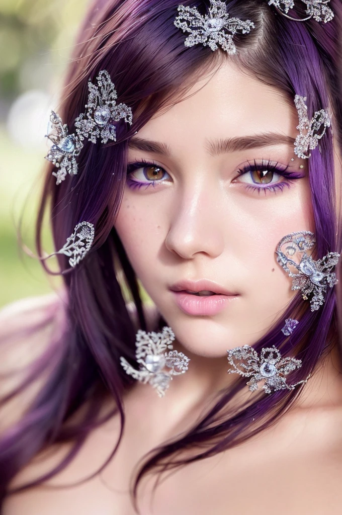 ((Best quality)), ((Ultra Resolution)), ((photorealistic)), (Intricate details), 19 years old, violet hair, Perfect face, makeup: 1.5, Light on the face, Detail of the face, naked, short hair, brunette