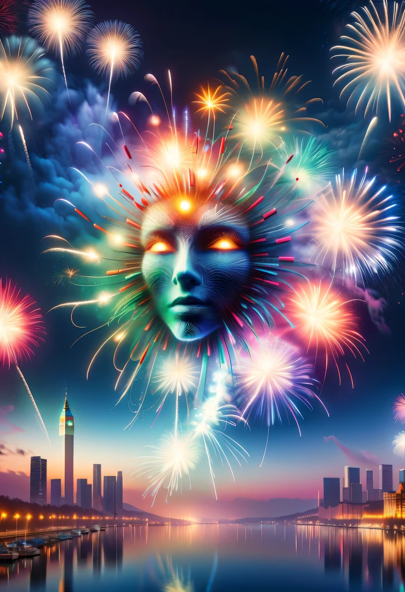 Dubrec style,Cybernetics appear in the sky.The prospect of fireworks on new year’s Eve 2024,Gorgeous fireworks,(Multiple exposure 1.8),(Digital signage,2024:1.5),technology city,artificial intelligence neuron,network matrix,new year'Eve Visual Poster,Intricate poster in surreal art style,Surreal Dream new year Poster,Surreal Sci-fi new year'dream poster