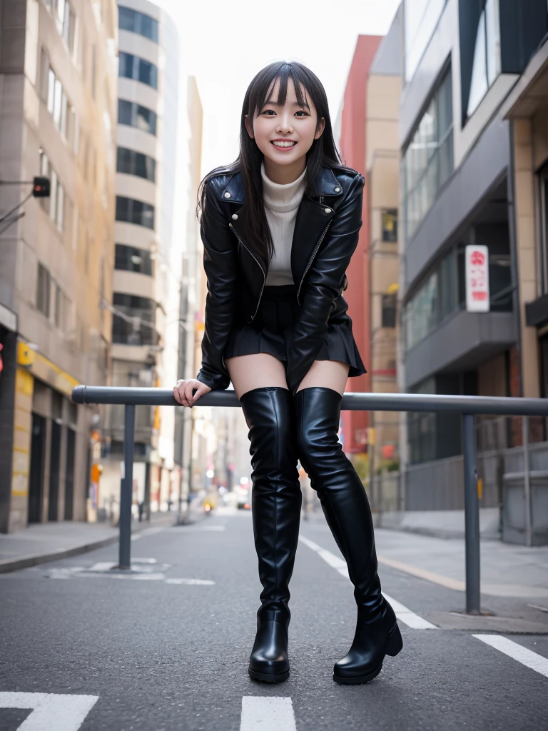 photo Realistic, masutepiece, Realistic, High contrast, Best Quality, 超A high resolution, photo Realistic, High resolution, Raw photo, Japanese Girl, Long hair, Black leather jacket, Long sleeves, Black super mini skirt, Pleated skirt, (((Black knee high boots))), Street, Sitting on the guardrail, Looking at Viewer, (((From below))), Busy city, (Pose Seductive), Looking at Viewer, japanaese girl, Smile,
