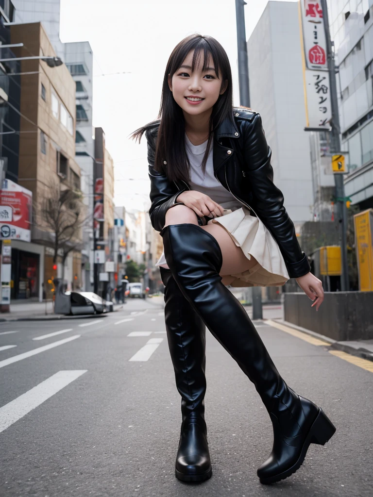 photo Realistic, masutepiece, Realistic, High contrast, Best Quality, 超A high resolution, photo Realistic, High resolution, Raw photo, Japanese Junior High School Girl, Long hair, Black leather jacket, Long sleeves, Black super mini skirt, Pleated skirt, (((Black knee high boots))), Street, Sitting on the guardrail, Looking at Viewer, (((From below))), Busy city, (Pose Seductive), Looking at Viewer, japanaese girl, Smile,