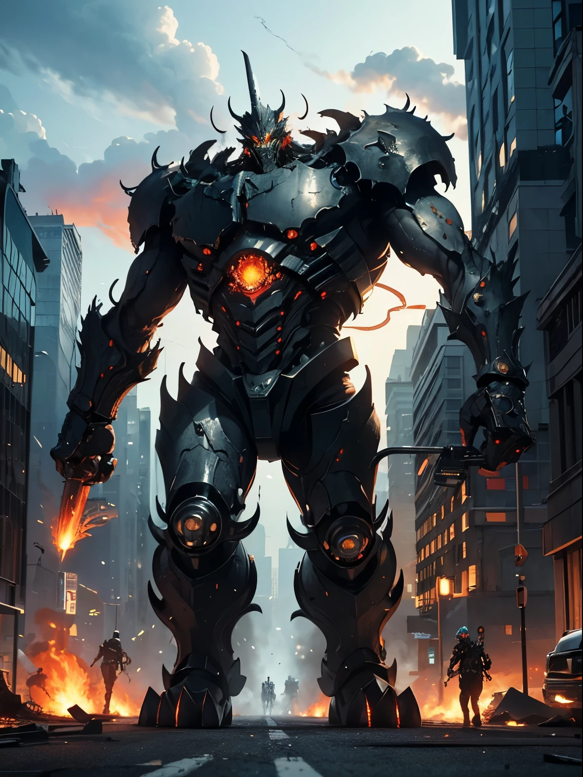 Massive mechanical monsters rampage through a city, crushing buildings and vehicles beneath their unstoppable metal frames: masterpiece, official art, 8k, best quality, highly detailed, terrifying and imposing design, each creature with its own unique abilities and weapons, smoke and flames rising from the destruction in the background, a lone figure