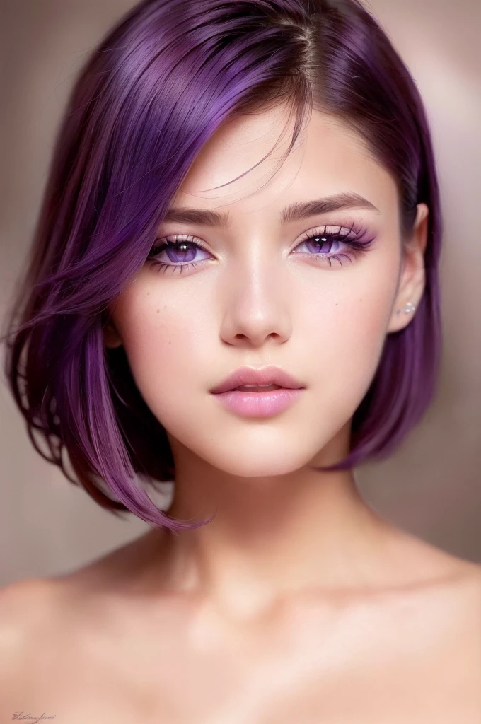 ((Best quality)), ((Ultra Resolution)), ((photorealistic)), (Intricate details), 19 years old, violet hair, Perfect face, makeup: 1.5, Light on the face, Detail of the face, ?????, short hair, brunette