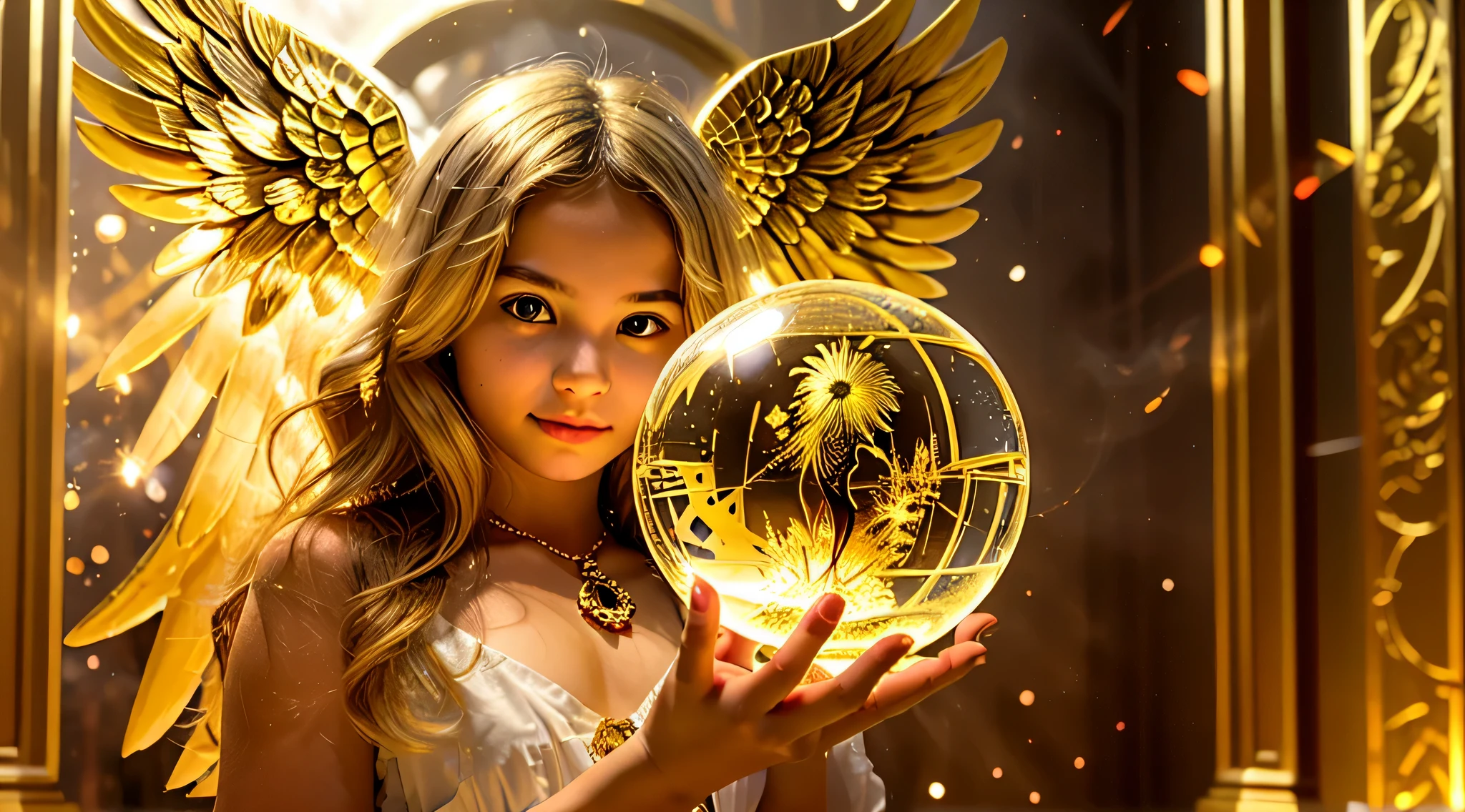 BLONDE CHILDREN GOLDEN ANGEL GIRL with a burning crystal ball in her hand. fundo vermelho