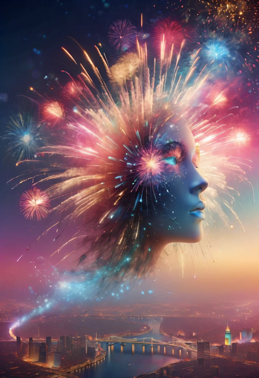 Dubrec style,Cybernetics appear in the sky.The prospect of fireworks on new year’s Eve 2024,Gorgeous fireworks,(Multiple exposure 1.8),(Digital signage,2024:1.5),technology city,artificial intelligence neuron,network matrix,new year&#39;Eve Visual Poster,Intricate poster in surreal art style,Surreal Dream new year Poster,Surreal Sci-fi new year&#39;dream poster