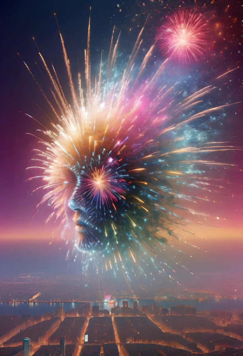 Dubrec style,Cybernetics appear in the sky.The prospect of fireworks on new year’s Eve 2024,Gorgeous fireworks,(Multiple exposure 1.8),(Digital signage,2024:1.5),technology city,artificial intelligence neuron,network matrix,new year'Eve Visual Poster,Intricate poster in surreal art style,Surreal Dream new year Poster,Surreal Sci-fi new year'dream poster