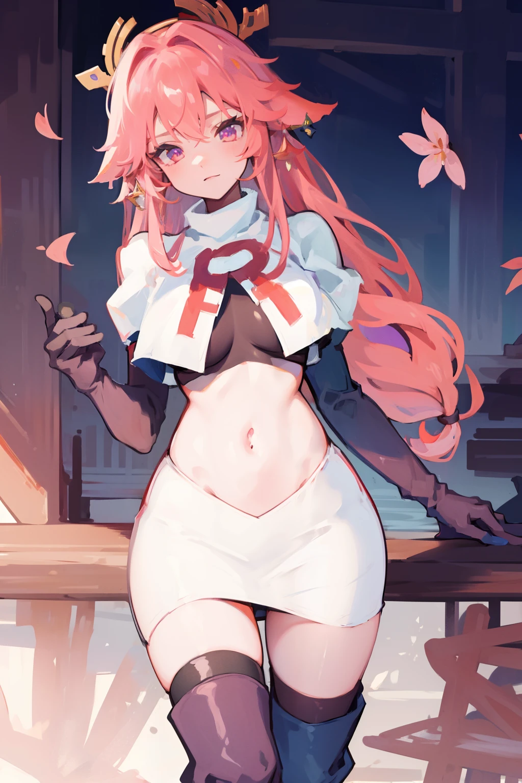 ((masterpiece, best quality)),8k ,Yae miko,1girl, \n/, animal ears, breasts, earrings, flower, fox ears, gem, hair between eyes, hair ornament, jewelry, long hair, medium breasts, miko, pink eyes, pink flower, pink hair, purple gemstone, sidelocks,team rocket,team rocket uniform,white skirt,crop top,black thigh-high boots,black elbow gloves,