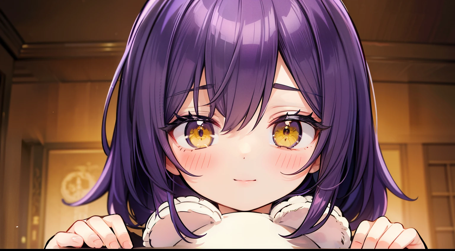 (masutepiece, Best Quality), Intricate details, 8K, Sharp focus quality) (Detailed skin:1.3) (Intricate details) (8K) (Detailed eyes) (Anime) Man's character, Soft hair, (Hair to the shoulders),Medium Hair、 (Purple hair), ((Yellow eyes)), アニメのMan's子, 素敵なMan's子, (Perfect face), Detailed eyes, Bold background, Detailed accessories, Man's,Close your mouth and smile、 A young man, Idol, dark color, pale skin, , Defined features, Gothic, Symbolism,Dark room, Cluttered room, Indoors, Detailed background,Hugging a white teddy bear、 Bold colors, bold outline, Sharp face, Nighttime, Night, Handsome, sleepy, Tired, drooing eyes