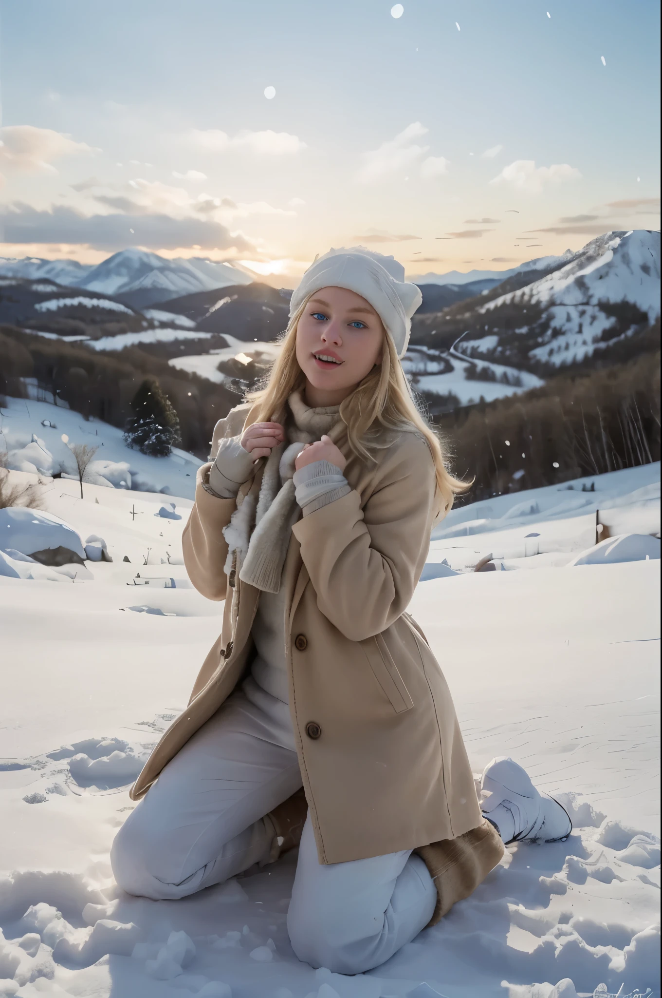 blonde hair, blue eyes, 19 years old playing on snow