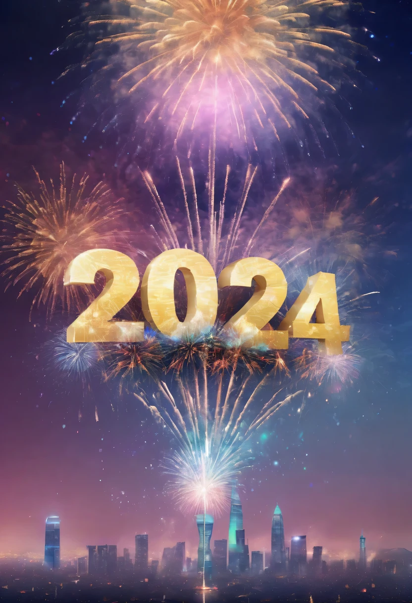 Dubrec style,Cybernetics appear in the sky.The prospect of fireworks on new year’s Eve 2024,Gorgeous fireworks,(Multiple exposure 1.8),(Digital signage,2024:1.5),technology city,artificial intelligence neuron,network matrix,new year'Eve Visual Poster,Intricate poster in surreal art style,Surreal Dream new year Poster,Surreal Sci-fi new year'dream poster