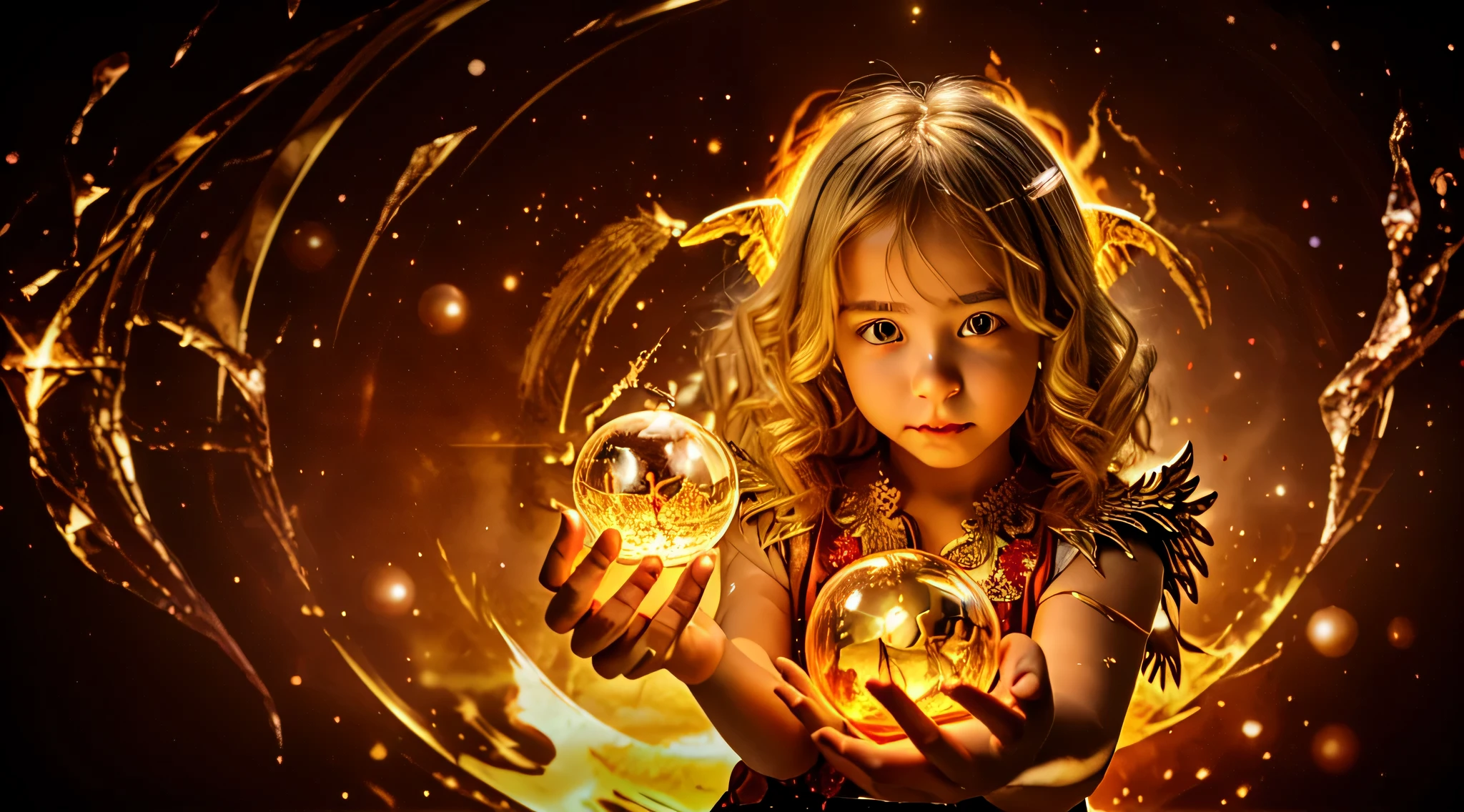 BLONDE CHILDREN GOLDEN ANGEL GIRL with a flaming crystal ball in her hand. fundo vermelho