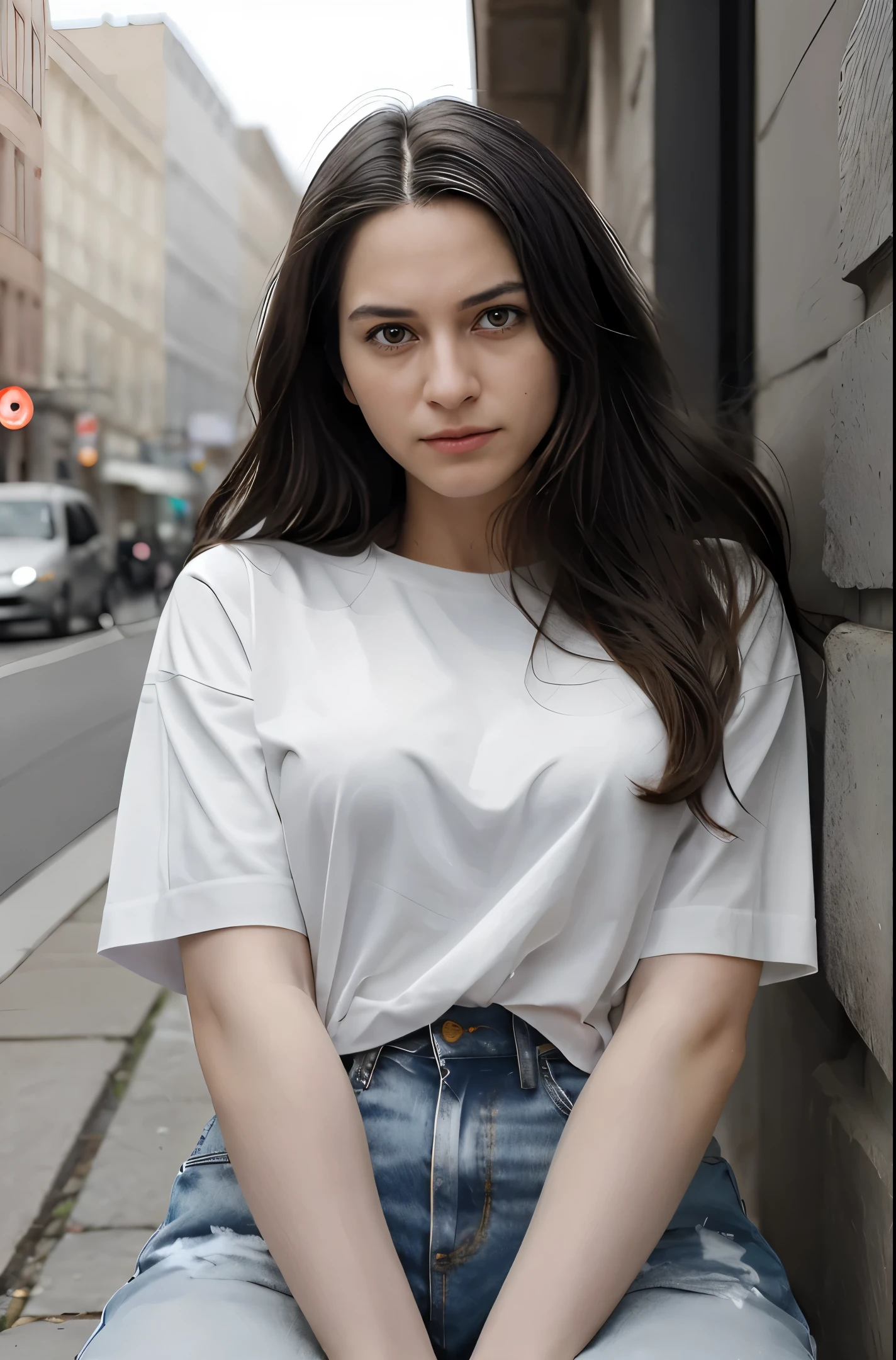 best quality, face focus, soft light, ultra high res, (photorealistic:1.4), RAW photo, 1American girl, solo, cute, (wry smile:0.5), (brown eyes, lights in the eyes), detailed beautiful face, (),(high resolution detail of human skin texture), (long hair in a ponytail), wearing form fitting jeans and jacket, walking by lake in winter, bare trees