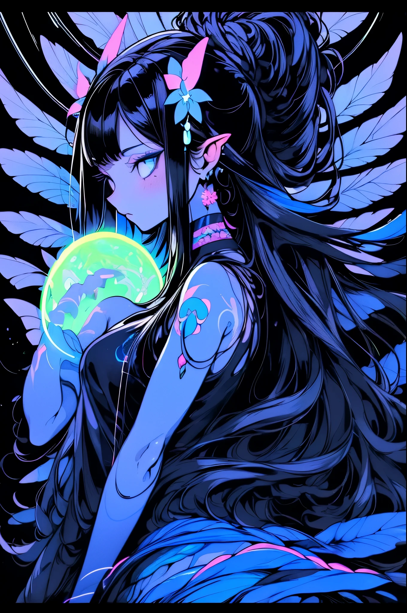 ((Ultra Long Exposure Photography)) Indian woman with long black hair in space buns. She is the goddess of horticulture. She’s covered in millions of microscopic ultra bright Blue neon strings emanating from her body. beautiful backlit silhouette, high detailed, covered in neon clouds. Blue color palette.